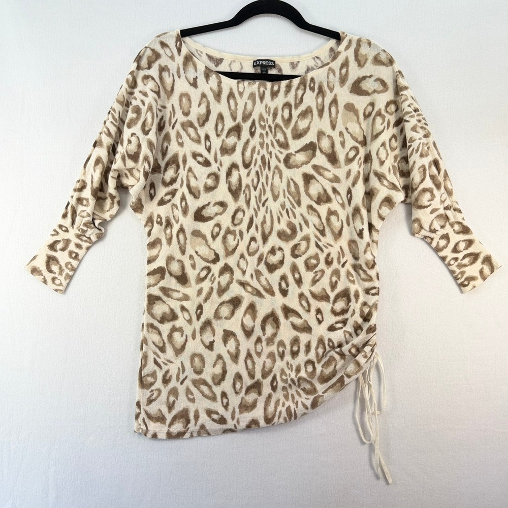 Express Leopard Print Boat Neck Sweater 3/4 Dolman Sleeve Side Cinch Tan Small